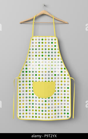 Giallo vuota polka dot grembiule con tasca sulla gruccia isolato con percorso di clipping intorno al grembiule. 3d illustrazione Foto Stock