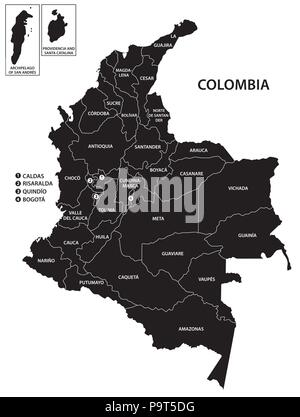 Colombia administrativ e politico mappa vettoriale in bianco e nero. Illustrazione Vettoriale