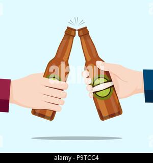 La gente celebra con bottiglie di birra e sfondo blu. Illustrazione Vettoriale Illustrazione Vettoriale