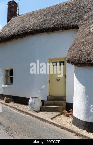 Cottage con il tetto di paglia con un dipinto di giallo porta. Drewsteighton, Devon, Inghilterra, Regno Unito Foto Stock