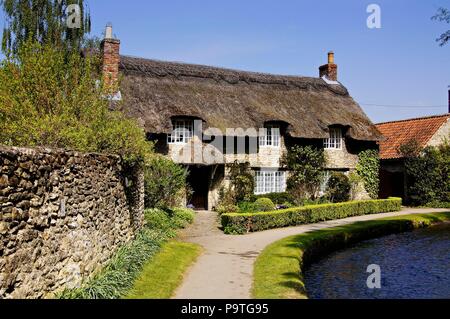 Thatched Cottage Thornton le Dale, North Yorkshire.UK al sole primaverile. Foto Stock