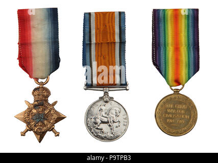 1914 Star Medal Trio, 1914 Star 'Pip', British War Medal 'Squeak', Victory Medal 'Wilfred' emessa al sergente Thomas Queenan 1st West Yorkshire Regiment Foto Stock