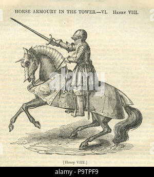 Incisione di "Horse Armoury in the Tower, vi, Enrico VIII" in armatura a cavallo dal Penny Magazine 1840 Foto Stock