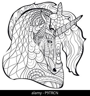 Linea unicorn, colorazione pagina, libro da colorare, vettore pattern Illustrazione Vettoriale