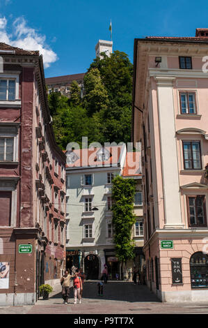 Slovenia: vista del castello di Ljubljana (Ljubljanski grad), ex fortezza medievale del XI secolo, un castello complesso permanente sulla Collina del Castello Foto Stock