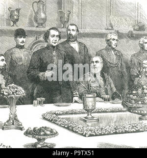Signore Beaconsfield (Benjamin Disraeli) al signore sindaco di banchetto al Guildhall, Londra, 9 novembre 1876. Un discorso su gli interessi britannici, in mezzo alle relazioni delle atrocità commesse in Bulgaria e Impero ottomano moti Foto Stock