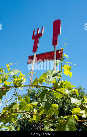 Angolo basso fotografia guardando attraverso vigneti e sottobosco fino ad un vecchio ristorante foratura del pannello rosso grande coltello e forchetta Foto Stock
