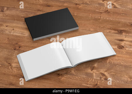 Nero bianco paesaggio copertina morbida prenota con carta lucida su sfondo di legno. Aperto e chiuso, isolato con tracciato di ritaglio attorno a ciascun libro. 3d illust Foto Stock