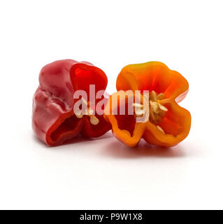 Peperoncino Habanero due metà di rosso e arancio isolato su sfondo bianco caldo pepe cinese Foto Stock