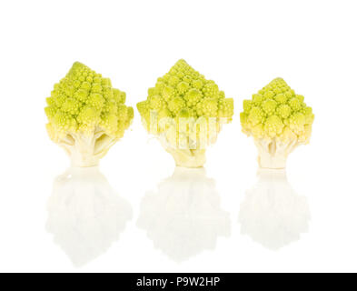 Verde cavolfiore Romanesco isolati su sfondo bianco tre pezzi in fila Foto Stock