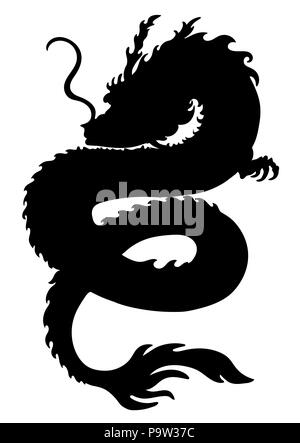 Dragon silhouette, forma di serpente, icona, logo, contorno bianco e nero disegno, stencil, adesivo, dettagliata isolati su sfondo bianco. Vector illustrat Illustrazione Vettoriale