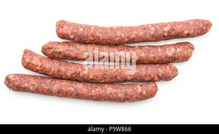 Ungherese salsiccia secca salsiccia per pizza vista dall'alto isolato su sfondo bianco quattro affumicato in budello naturale misto carne di maiale Foto Stock