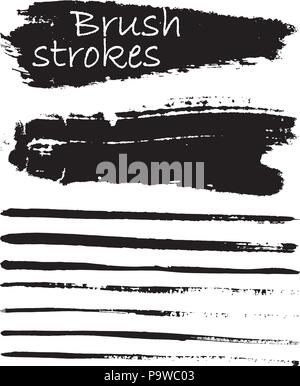 Set di vernice nero, inchiostro pennellate, spazzole, linee Illustrazione Vettoriale