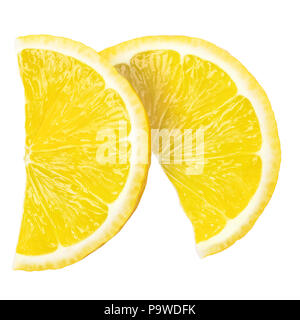 Due succose fette di limone fresco, percorso di clipping, su bianco backgro Foto Stock