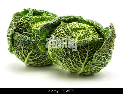 Due savoy cavoli cappucci isolati su sfondo bianco fresco verde capi Foto Stock