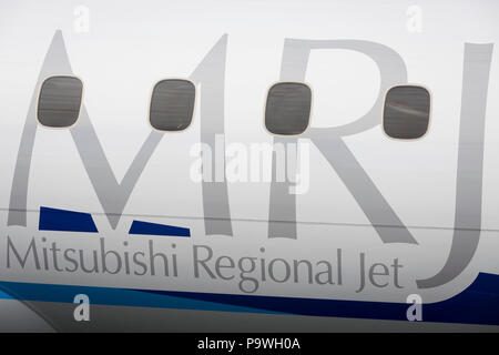 Dettaglio di un Mitsubishi CRJ jet regionale presso l'Airshow di Farnborough, il 16 luglio 2018, a Farnborough, Inghilterra. Foto Stock