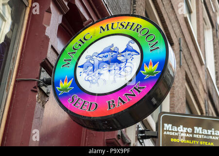 Le droghe ricreative store segno, Magic Mushroom Banca del seme, Amsterdam, Paesi Bassi, Olanda, Europa Foto Stock
