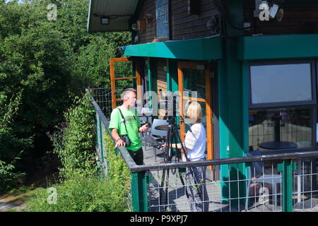 Chris Packham intervistata da una tv locale news azienda durante una visita a RSPB Fairburn rali sul suo tour Bioblitz Foto Stock