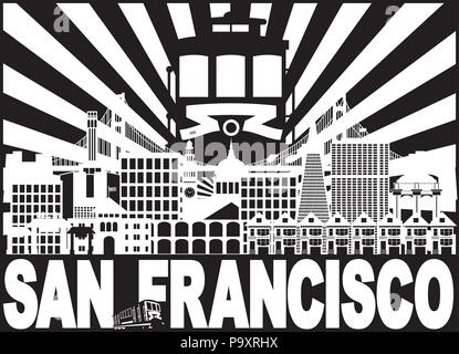 San Francisco California skyline della città con trolley raggi di sole Golden Gate Bridge Testo in bianco e nero illustrazione Illustrazione Vettoriale