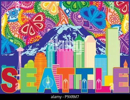 Seattle Washington delineano Silhouette con skyline della città con il Monte Rainier raggi di sole colorato Paisley Pattern illustrazione dello sfondo Illustrazione Vettoriale