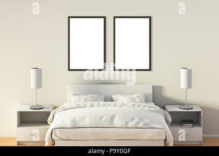 Due vuoti poster verticale in camera da letto su letto di bianco. Isolato con percorso di clipping intorno al fotogramma poster. 3d illustrazione Foto Stock