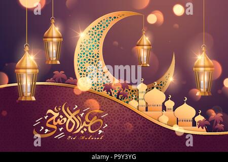 Eid al-Adha biglietto di auguri con golden crescent e moschea di borgogna sfondo rosso nella carta di stile arte Illustrazione Vettoriale