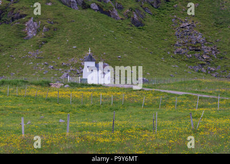 Chiesa in Unstad nelle Isole Lofoten in Norvegia Foto Stock