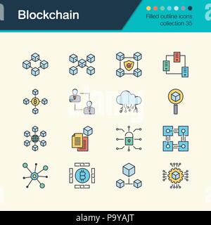 Blockchain icone. Riempito profilo collezione design 35. Per la presentazione, la progettazione grafica, l'applicazione mobile, web design, infographics. Illustra il vettore Illustrazione Vettoriale