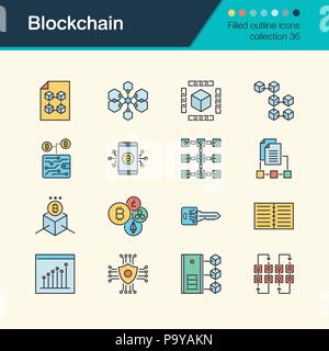 Blockchain icone. Riempito profilo collezione design 36. Per la presentazione, la progettazione grafica, l'applicazione mobile, web design, infographics. Illustra il vettore Illustrazione Vettoriale