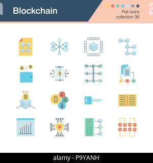 Blockchain icone. Design piatto 36 di raccolta. Per la presentazione, la progettazione grafica, l'applicazione mobile, web design, infographics. Illustrazione Vettoriale. Illustrazione Vettoriale