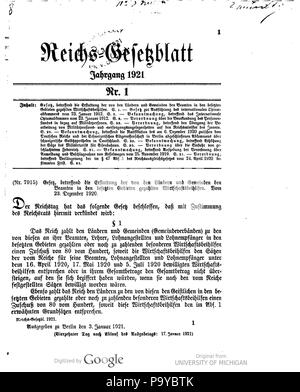 511 Deutsches Reichsgesetzblatt 1921 001 0001 Foto Stock