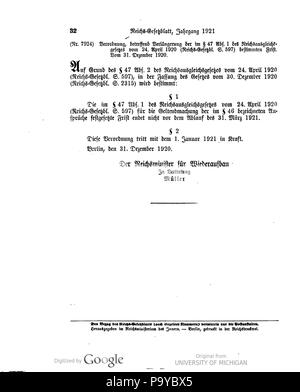 511 Deutsches Reichsgesetzblatt 1921 001 0032 Foto Stock