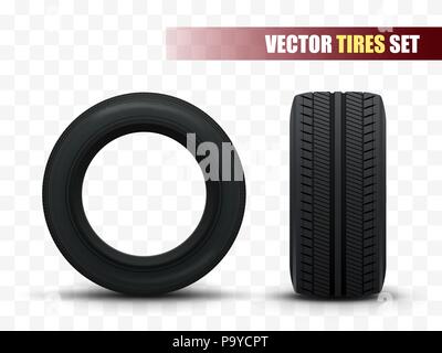 Serie di pneumatici. 3D realistici di pneumatici vettura isolato su bianco. Vettore Illustrazione Vettoriale