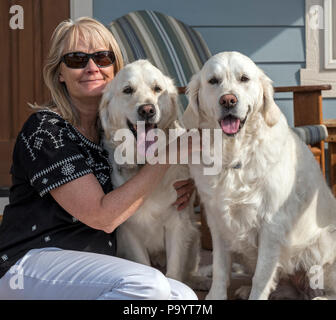 Outdoor ritratto di donna con le sue due belle color platino Golden Retriever cani; Salida; Colorado; USA Foto Stock