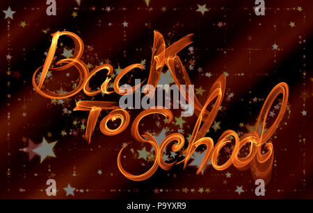 Si torna a scuola parole scritte fatte dal fuoco o fiamma su sfondo pieno di stelle. Foto Stock