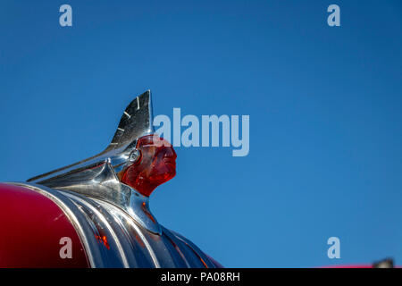 primo piano dell'ornamento del cofano indiano Pontiac degli anni '1950 alla mostra di automobili americane classiche Stars & Stripes, Tatton Park Foto Stock