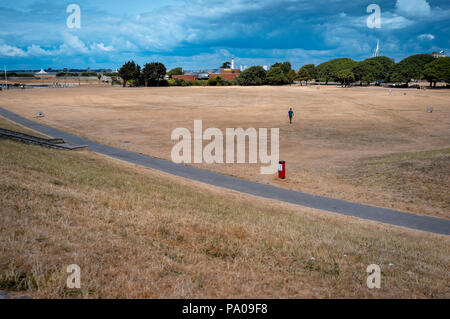 Asciutto erba marrone sul campo Southsea comune parco pubblico a causa della estrema tempo caldo di quest'anno. Foto Stock