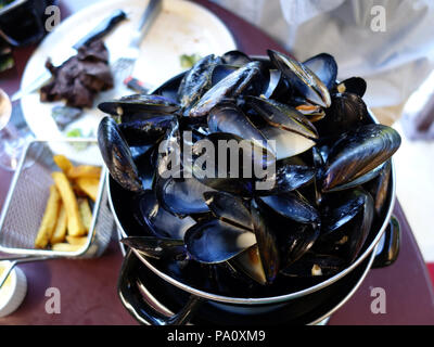 Un piatto pieno di gusci di cozze dopo pasto a base di pesce di moules nel sud della Francia Foto Stock