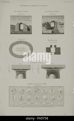 667 frammenti trouvés à Paestum- (1) faccia exterieure de la Porte (2) faccia interieure de la Porte (3) Plan de la masse de l - Delagardette Claude Mathieu - 1798 Foto Stock