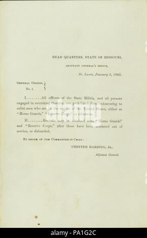 697 ordini generale, n. 1, di Chester Harding, Jr., Aiutante Generale, capo quarti, Stato del Missouri, Aiutante Generale dell'Ufficio, St. Louis, 3 gennaio 1862 Foto Stock