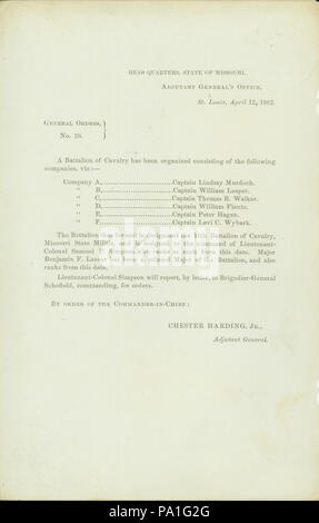 697 ordini generale, n. 10, da Chester Harding, Aiutante Generale, capo quarti, Stato del Missouri, Aiutante Generale dell'Ufficio, St. Louis, 12 aprile 1862 Foto Stock