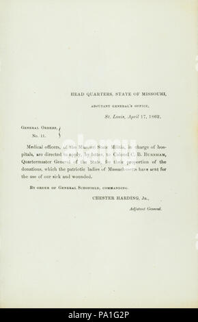 697 ordini generale, n. 11, di Chester Harding, Aiutante Generale, capo quarti, Stato del Missouri, Aiutante Generale dell'Ufficio, St. Louis, 17 aprile 1862 Foto Stock