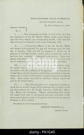 697 ordini generale, n. 2, di Chester Harding, Jr., Aiutante Generale, capo quarti, Stato del Missouri Adjutant-General di ufficio, St. Louis, 14 Gennaio 1862 Foto Stock