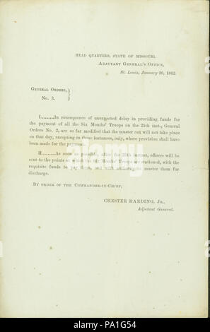 697 ordini generale, n. 3, di Chester Harding, Jr., Aiutante Generale, capo quarti, Stato del Missouri, Aiutante Generale dell'Ufficio, St. Louis, 20 Gennaio 1862 Foto Stock