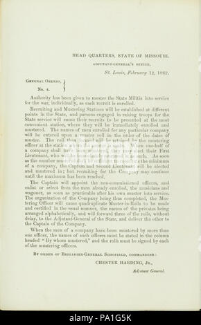 697 ordini generale, n. 4, di Chester Harding, Jr., Aiutante Generale, capo quarti, Stato del Missouri Adjutant-General di ufficio, St. Louis, 12 Febbraio 1862 Foto Stock