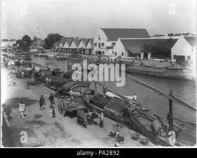 . Inglese: Titolo: Cina - trasporto di barche, carrelli di bue e piedi Abstract: fotografia mostra il pedone e ox-cart il traffico a fianco di un fiume o canale con numerose barche ormeggiate lungo la riva. Descrizione fisica: 1 stampa fotografica. Note: fa parte di: Frank e Francesca Carpenter Collection (Biblioteca del Congresso).; Pubblicato in: Punti di vista; una selezione dalla pittorica collezioni della Biblioteca del Congresso .... Washington : Library of Congress ..., 1975, n. 43.; titolo dalla voce. 306 Cina - trasporto di barche, carrelli di bue e piedi LCCN2007681321 Foto Stock