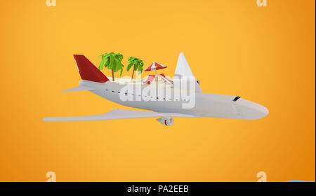 Volo in aeroplano con lounge e ombrellone sulla spiaggia di sabbia di isola 3d-illustrazione Foto Stock