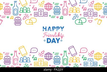 Felice amicizia giorno greeting card illustrazione con divertimento party icona decorazione in stile contorno. Moderna rete sociale simboli per internet amici o Illustrazione Vettoriale