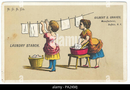 . Fine del XIX secolo la pubblicità per la lavanderia amido prodotto da Gilbert S. tombe in Buffalo, New York, che mostra due donne i panni appesi su uno stendibiancheria. 1 stampa : Litografia, colore. circa 1880 711 Gilbert S. ghiaia servizio lavanderia annuncio di amido, ca. 1880 Foto Stock