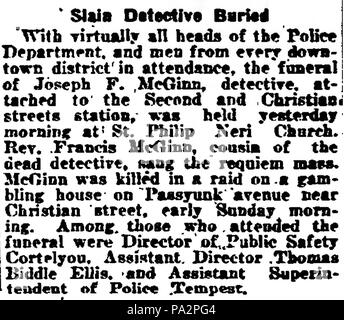 386 Detective Giuseppe Patrick McGinn funerale in Philadelphia Inquirer su 10 Ottobre 1920 Foto Stock